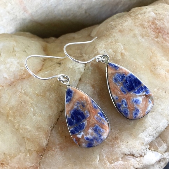 ORANGE SODALITE teardrop 925 sterling earrings - Picture 7 of 7